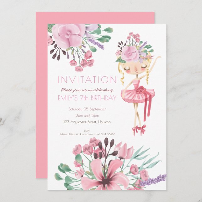 Ballet Dancer Flowers Girl 7th Birthday Party Invitation (Front/Back)