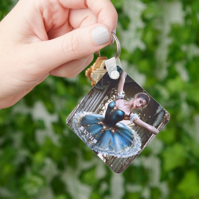 Ballet Dancer in a Blue Tutu Custom Name Key Ring (Hand)