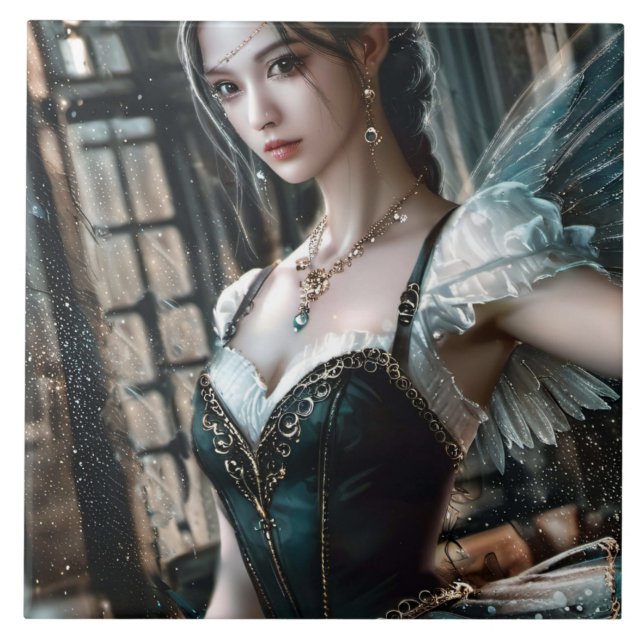 Ballet Dancer in a Green TuTu And Fairy Wings Ceramic Tile (Front)