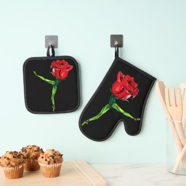 Ballet Dancer Rose Oven Mitt & Pot Holder Set (Insitu(Hanging))
