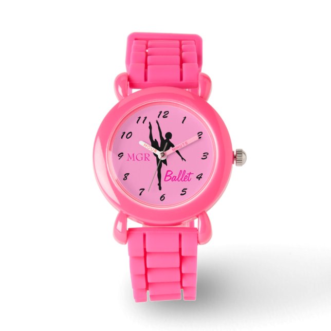 Ballet Dancer Silhouette on Pink Custom Initials Watch (Front)