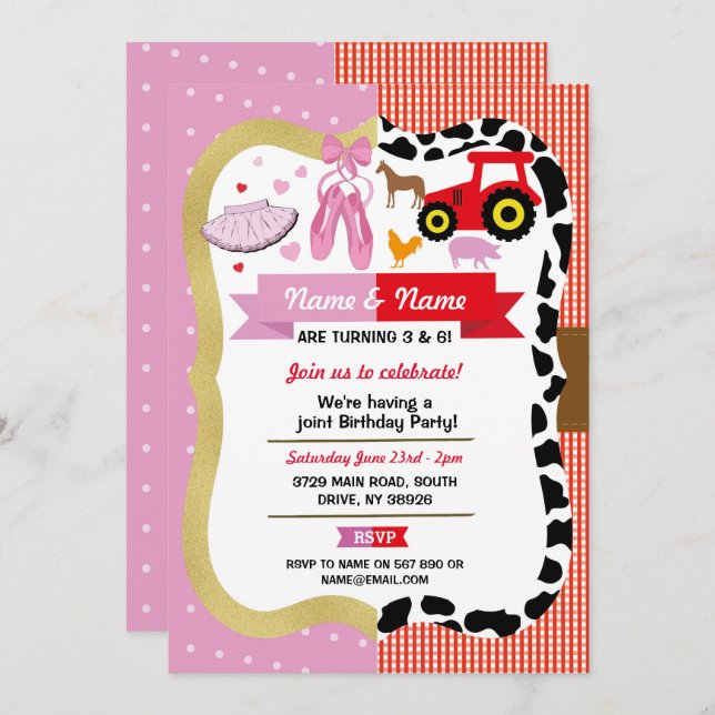 Ballet & Farm Joint Boy Girl Birthday Pink Horse Invitation (Front/Back)