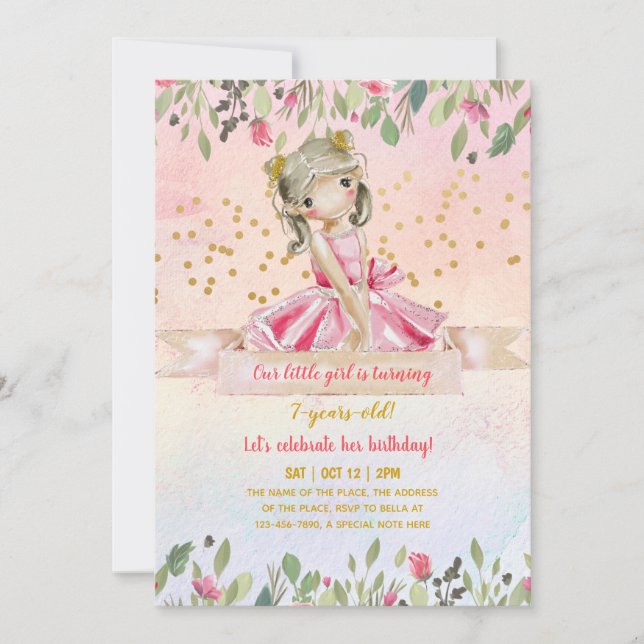 Ballet Girl Pink Gold Glitter Kids Birthday Party Invitation (Front)
