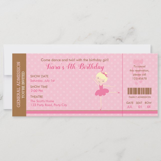 Ballet Invitation Ballerina Ticket Invites Blonde (Front)