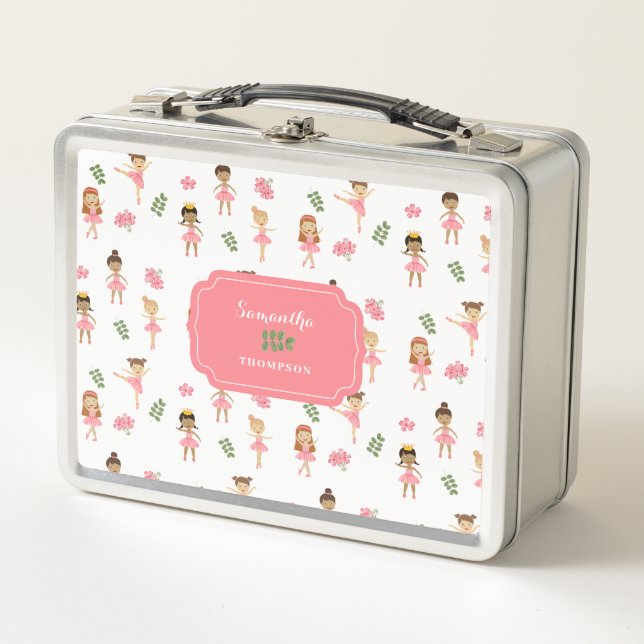 Ballet Pink Ballerinas Dancing Pattern Girl Metal Lunch Box (Front)