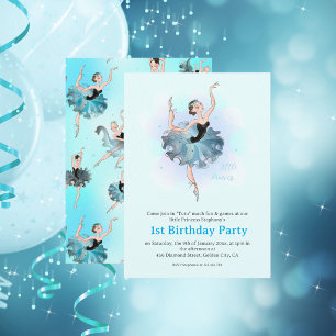 Ballet Princess 1st Birthday Pastel Illustration Invitation