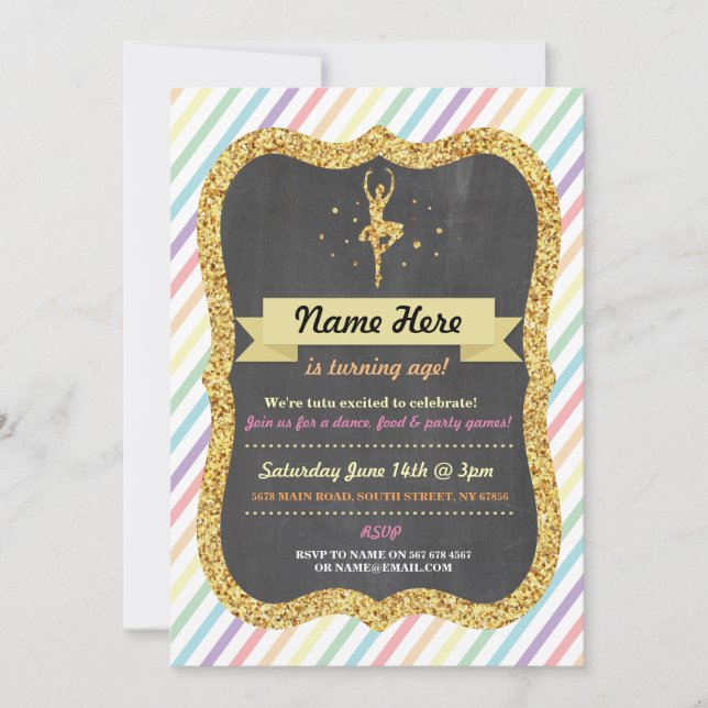 Ballet Rainbow Pink Gold Glitter Birthday Invite (Front)
