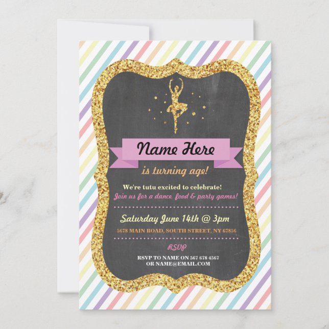 Ballet Rainbow Tutu Gold Glitter Birthday Invite (Front)