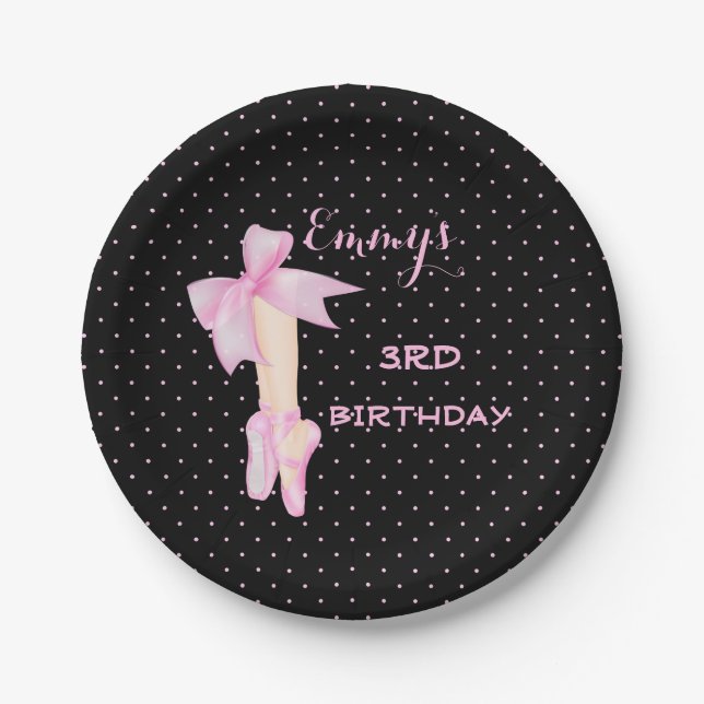 Ballet Shoes Ballerina Pink & Black Polka Dot Paper Plate (Front)