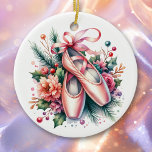 Ballet Slippers, Flowers Personalised Christmas Ceramic Ornament<br><div class="desc">Personalised Christmas ornament with cute watercolor pink ballet shoes with pink flowers and a custom message on the back with pretty gold border.</div>