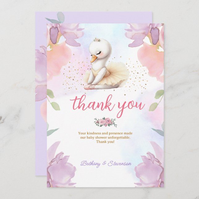 Ballet Swan Baby Girl Shower Thank You Card (Front/Back)