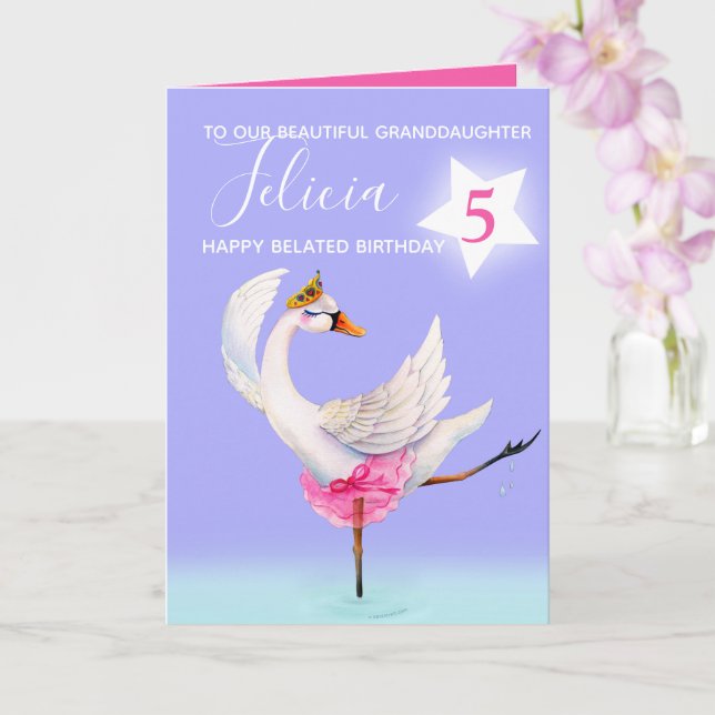 Ballet swan granddaughter belated 5th birthday card (Orchid)