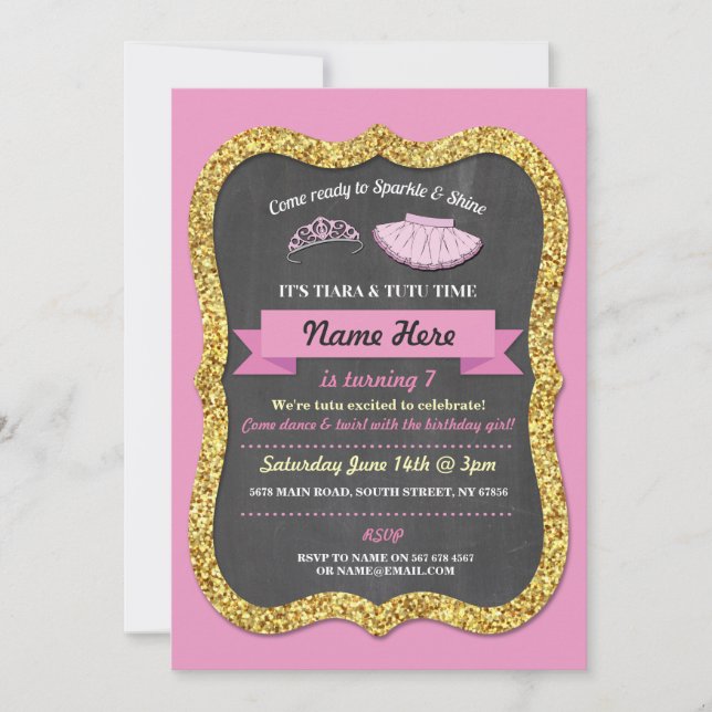 Ballet Tiara Tutu Pink Gold Glitter Birthday Party Invitation (Front)