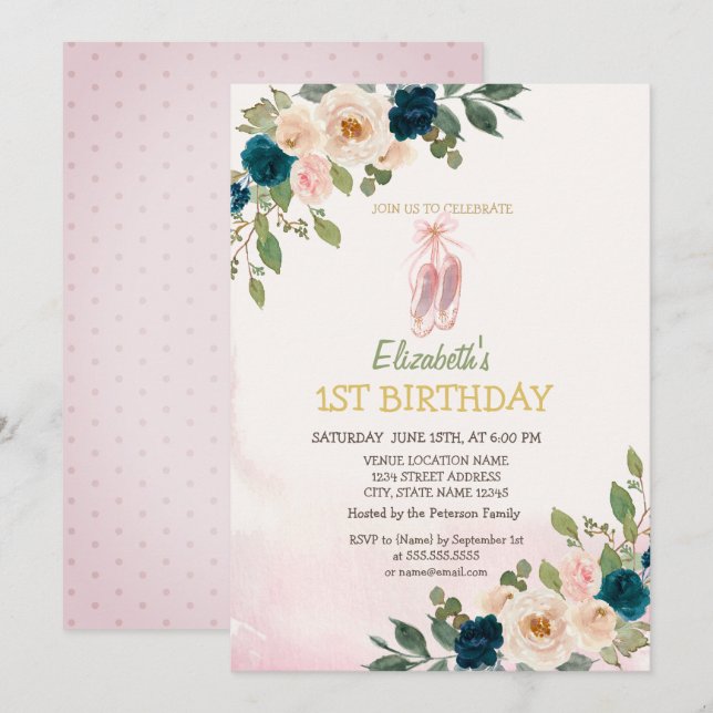 Ballet Toe Shoes Flowers Birthday  Invitation (Front/Back)