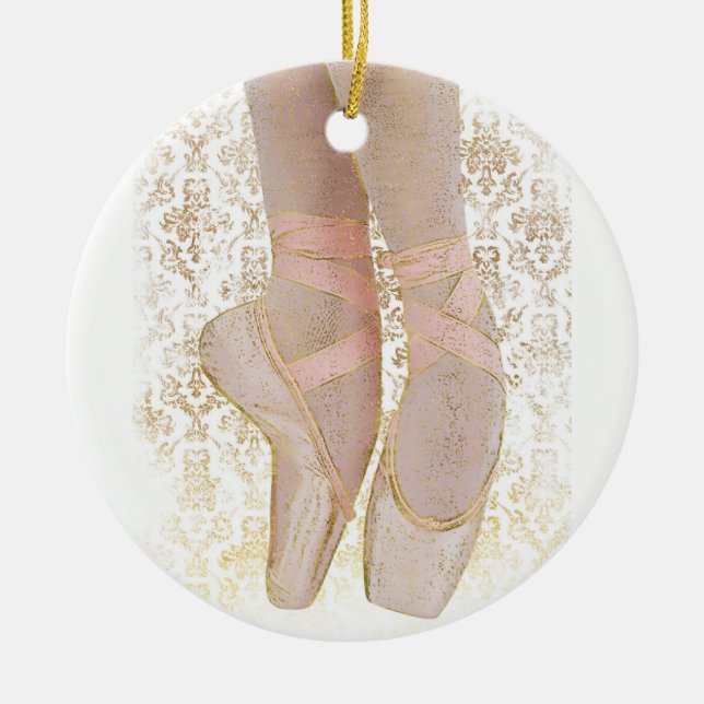Ballet Toe Shoes - Pink Gold White Ceramic Ornament (Front)