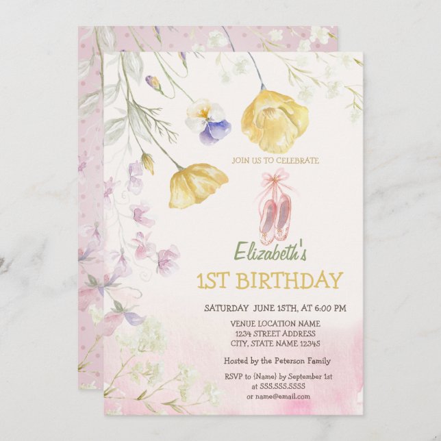 Ballet Toe Shoes Wildflowers Birthday  Invitation (Front/Back)