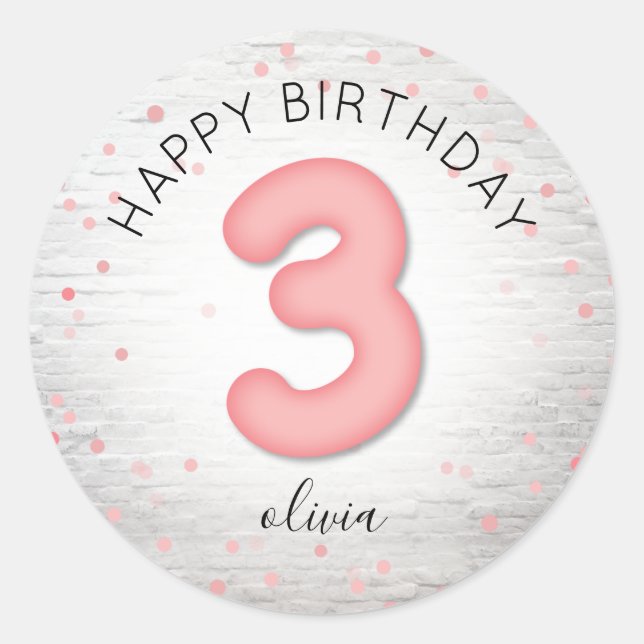 Ballon 3rd Birthday Brick Pink Confetti Classic Round Sticker (Front)