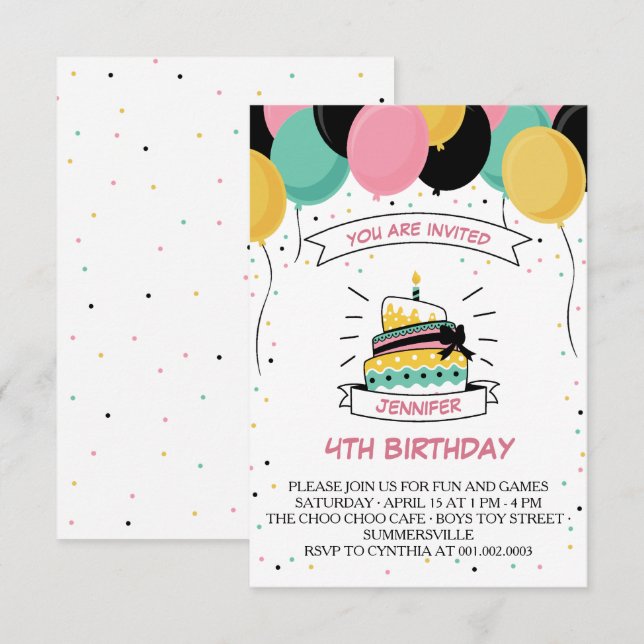 BALLON CAKE CANDLE KID'S BIRTHDAY PARTY INVITATION (Front/Back)
