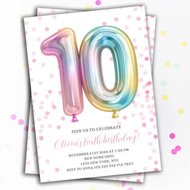 Balloon 10th Birthday Girl Party Number Rainbow  Invitation (10th birthday rainbow invitation for girl )