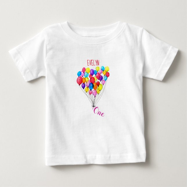 BALLOON 1st Birthday Personalised One Painted Pink Baby T-Shirt (Front)