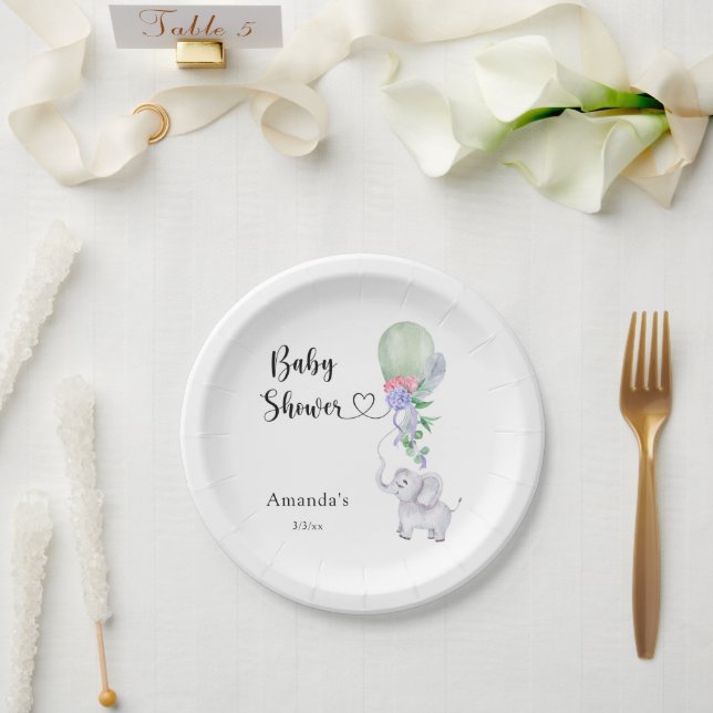 Balloon and Elephant Baby Shower Paper Plate (Wedding)
