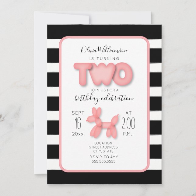 Balloon Animal Black + White Pink 2nd Birthday Invitation (Front)