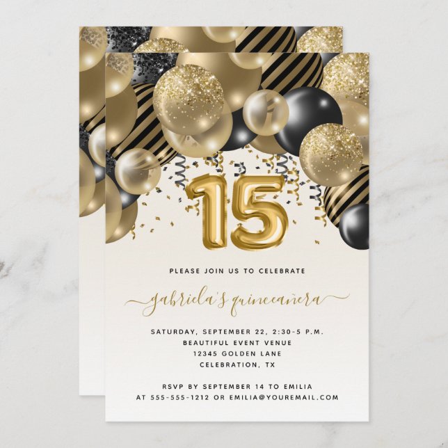 Balloon Arch Black Gold Quinceañera Invitation (Front/Back)