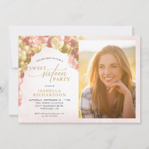 Balloon Arch Pink & Gold Photo Sweet 16 Party Invitation
