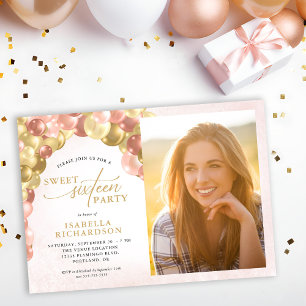 Balloon Arch Pink & Gold Photo Sweet 16 Party Invitation