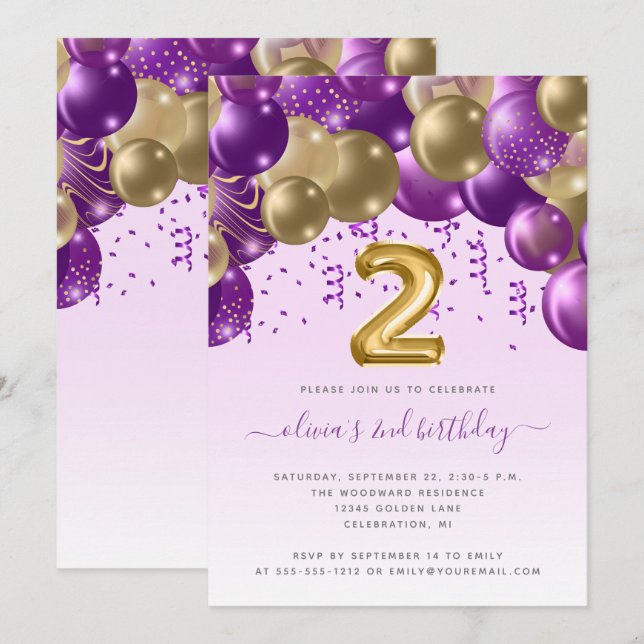 Balloon Arch Purple Gold Girls 2nd Birthday Party Invitation (Front/Back)