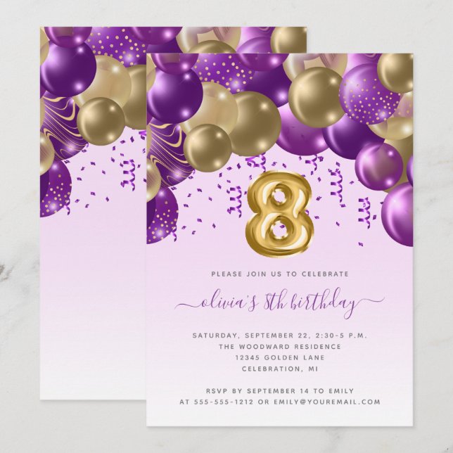 Balloon Arch Purple Gold Girls 8th Birthday Party Invitation (Front/Back)