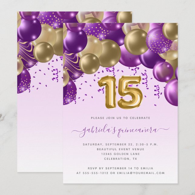 Balloon Arch Purple Gold Quinceañera Invitation (Front/Back)