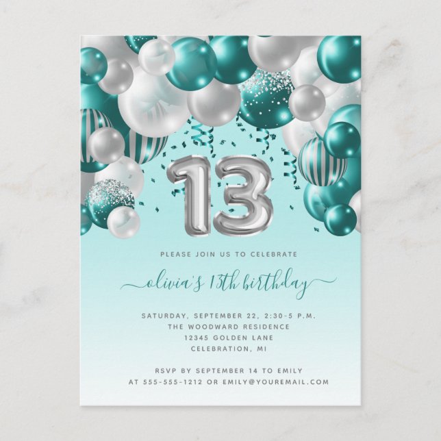 Balloon Arch Teal Silver 13th Birthday Party Postcard (Front)