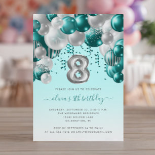Balloon Arch Teal Silver Girls 8th Birthday Party Invitation