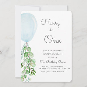Balloon Baby Boy 1st Birthday First Eucalyptus Inv Invitation