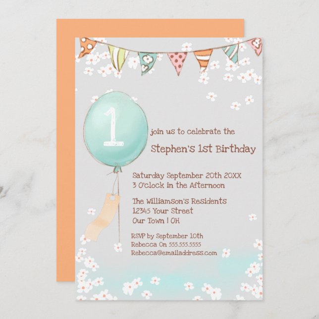 Balloon Baby Boy 1st Birthday  Invitation (Front/Back)