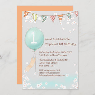 Balloon Baby Boy 1st Birthday Invitation