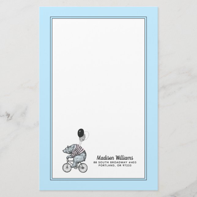 Balloon Bicycle Bear | Add Your Name Stationery (Front)
