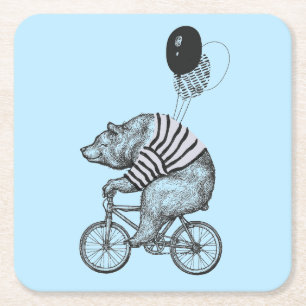 Balloon Bicycle Bear Square Paper Coaster