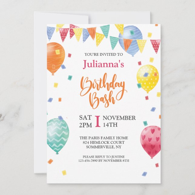 Balloon Birthday Bash Invitation (Front)
