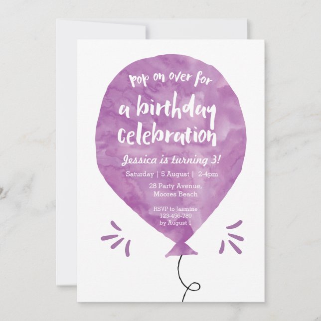 Balloon Birthday Invitation in Purple (Front)