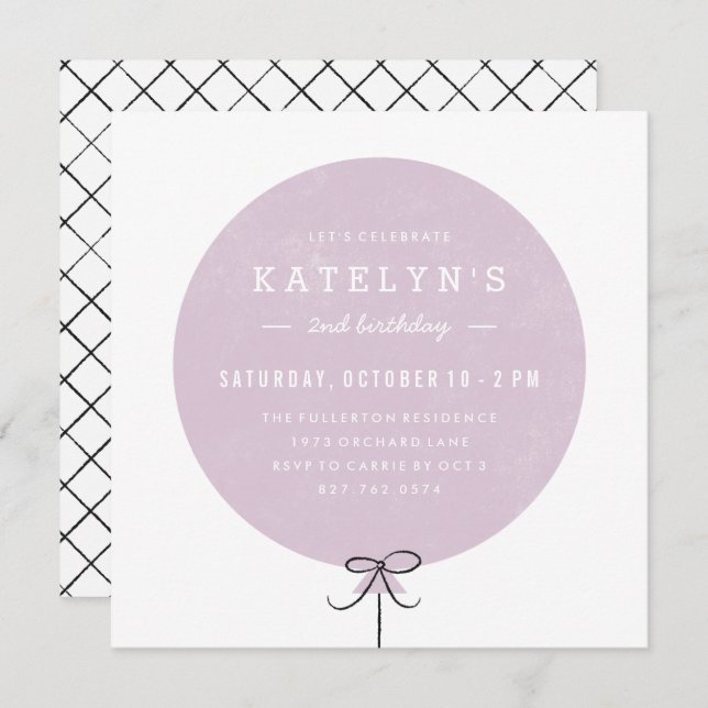 Balloon Birthday Invitation - Lavender (Front/Back)