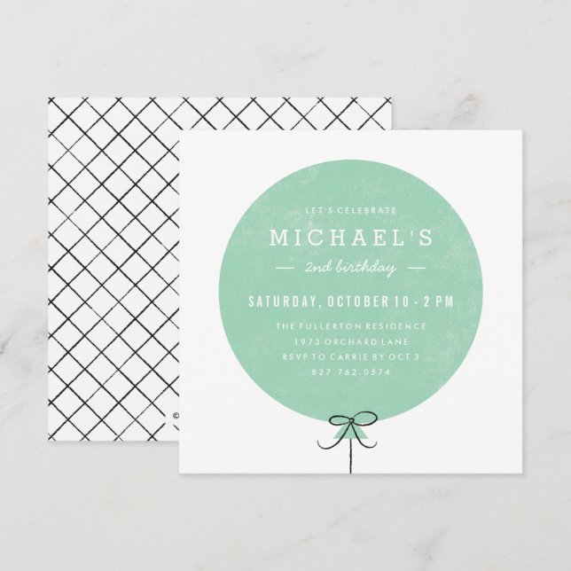 Balloon Birthday Invitation - Mint (Front/Back)
