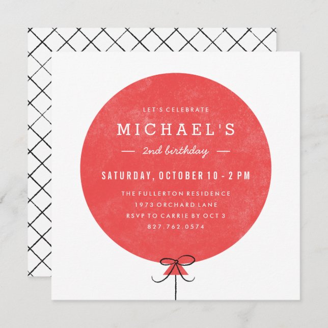 Balloon Birthday Invitation - Red (Front/Back)