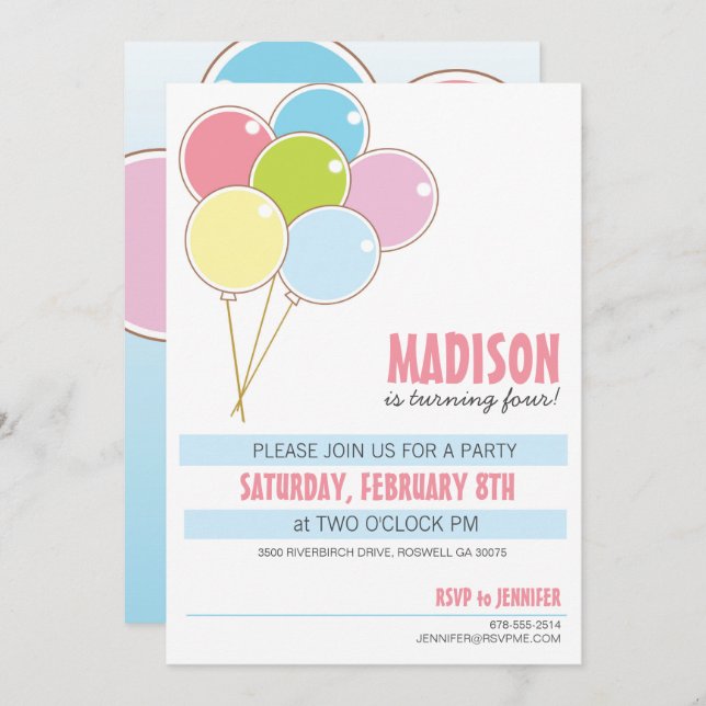 Balloon Birthday party kid's invitation (Front/Back)