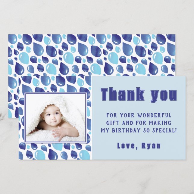 Balloon Blue Kid's Photo Birthday Thank You Card (Front/Back)