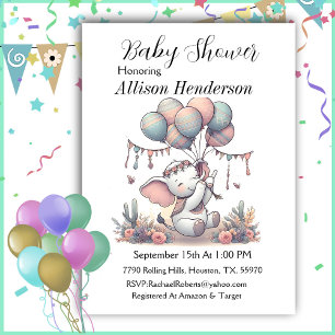 Balloon Bouquet And Adorable Elephant Baby Shower  Invitation