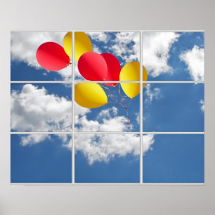 balloon bouquet in sky thru window poster