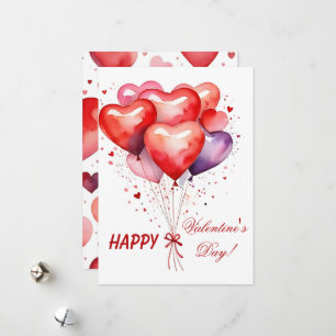 Balloon Bouquet Red and Pink Hearts Holiday Card