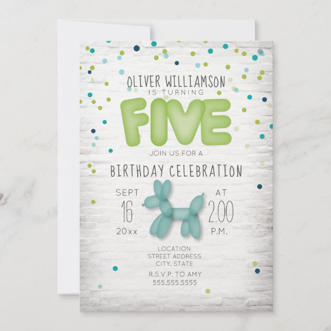 Balloon Brick Confetti Blue Green 5th Birthday Invitation (Front)